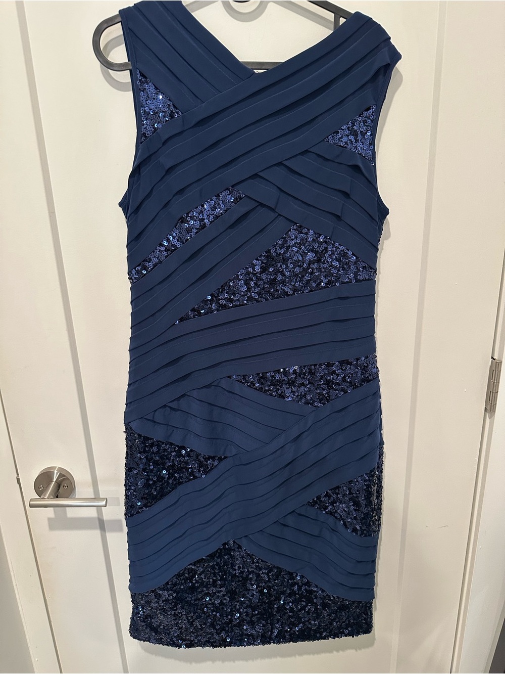 Adrianna Papell Navy Blue Sequin Bandage Midi Dress